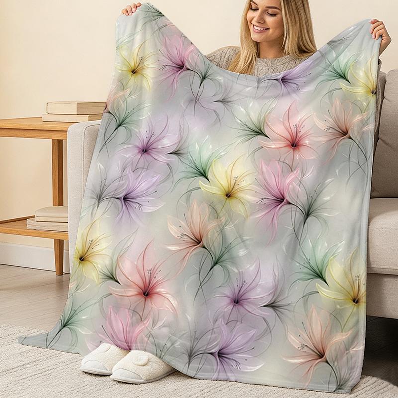 Flannel Throw Blanket, Hemmed Soft Skin-Friendly Floral Design, Warm Cozy for Home Sofa Bed, Christmas Halloween Holiday Decor Nap Cover