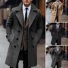 Мужское длинное шерстяное пальто с лацканами, длинный рукав, однотонная ветровка с карманами, двубортное