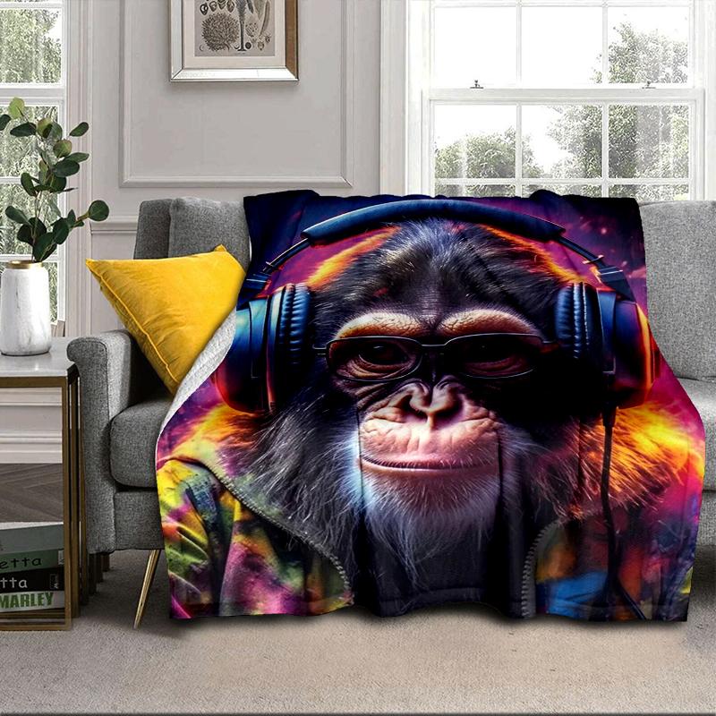 Monkey Music Headphones Blanket Flannel Blanket for bed, sofa, Camping, Hiking, Picnic Essentials, gift for family Fan gifts