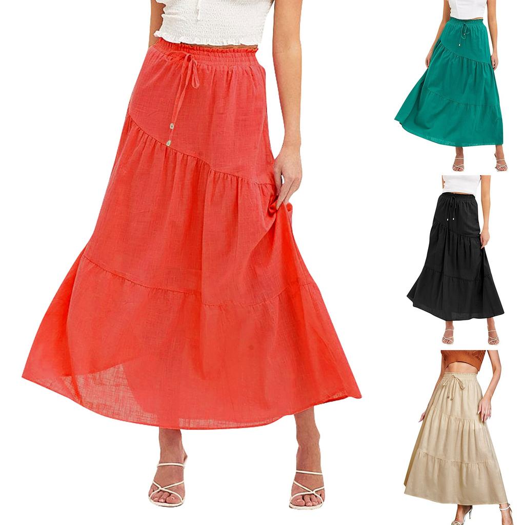 Women's Fashionable, Sexy And Elegant Solid Color High Waist Elastic A-line Pleated Skirt With Large Hem