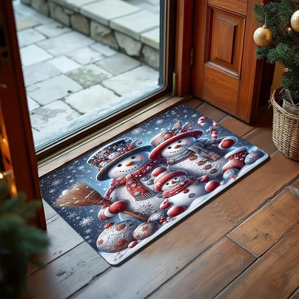 Christmas Snowman Candle Gift Box Winter Doormat, Non-Slip Machine Washable Polyester Rug for Indoor Outdoor Holiday Decor