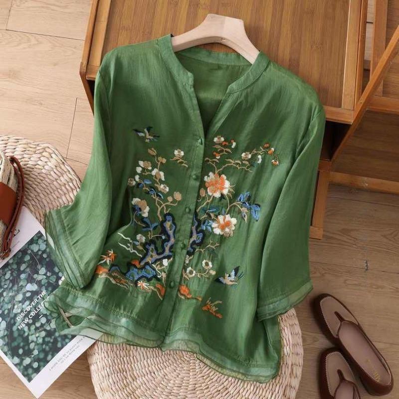 Women's Summer Chinese Style Embroidery Shirt Splicing Button Five-minute Sleeve Blouse