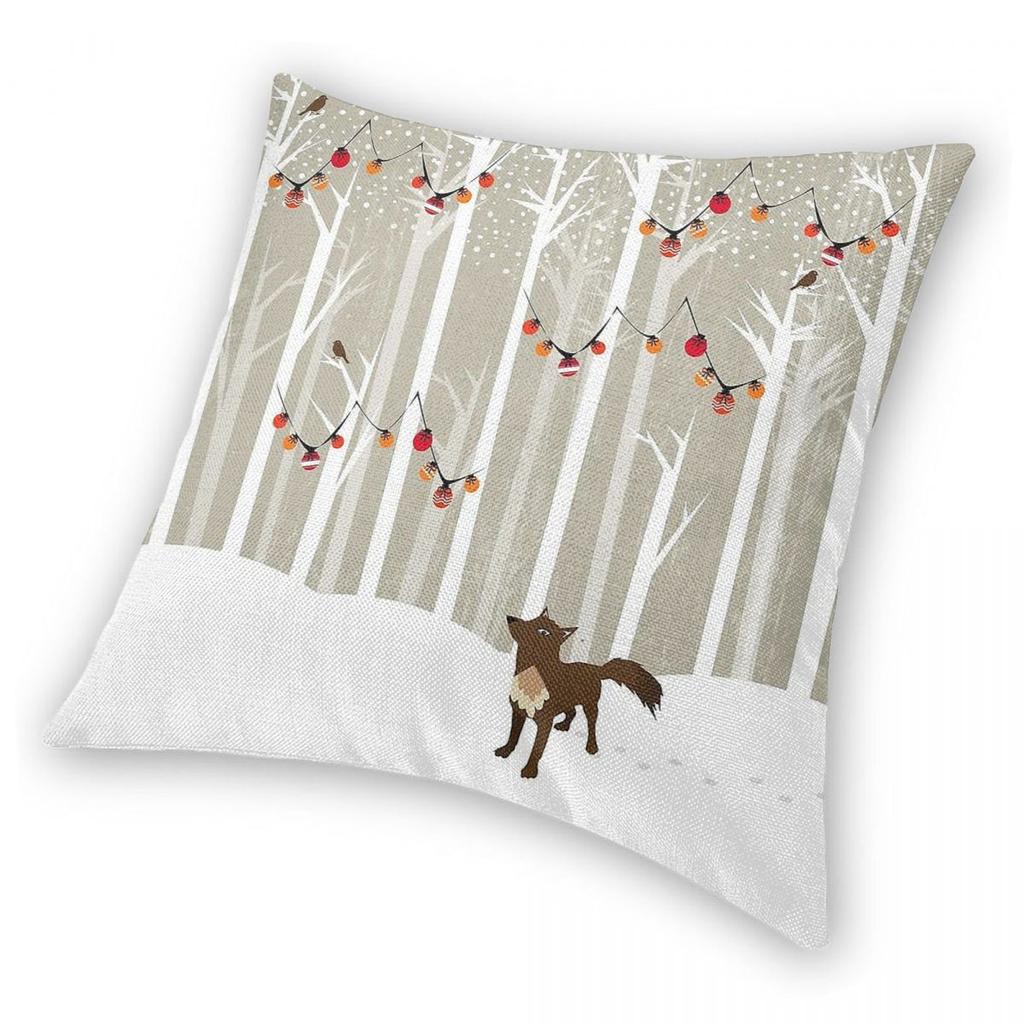 Winter Forest Snow Fox Square Pillowcase Polyester Linen Velvet Printed Zip Decor Room Cushion Cover