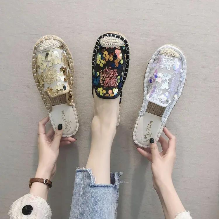 Fashion Sequined Slippers Women's Summer All-match Flat Sandals Women Retro Mesh Lace Slippers Fashion Loafers Bling Muller Shoes