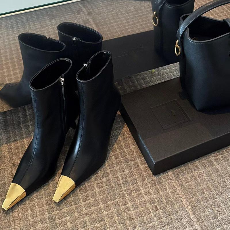 New Metal Small Square Toe Stiletto Heel Heel Short Shoes Are Versatile and Comfortable for Women with Side Zipper Booties
