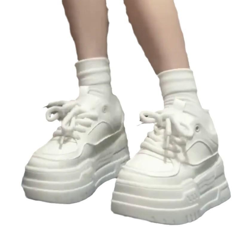 White Sneakers Women's Spring and Autumn Muffin Thick-soled White Shoes Round Head Lace-up Breadboard Shoes Heightening Casual Shoes Children