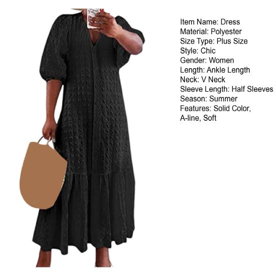 Женское летнее платье с V-образным вырезом и половиной рукавов, сплошной цвет, свободное трапециевидное лоскутное платье с рюшами до щиколотки, однобортное пляжное платье макси больших размеров