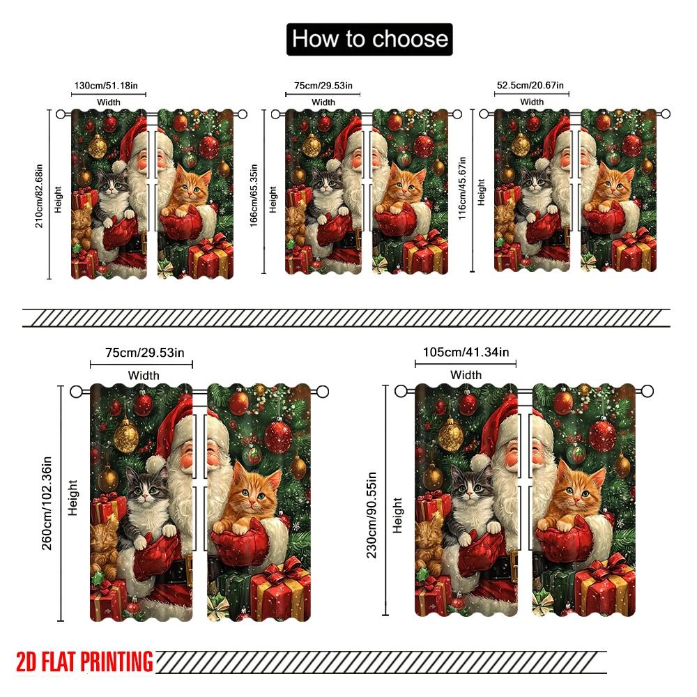 2pcs,2D Plane Printing Creative Curtains Santa Kitten Christmas Presents (2) Polyester Woven (without Rod) Decorations Inside