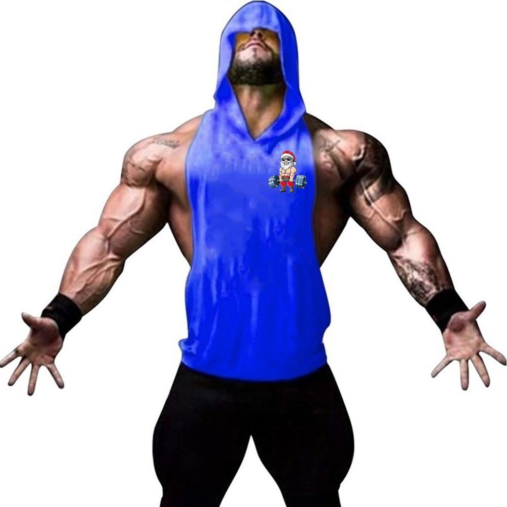 Men's fashion trend personalized gym fitness and leisure sleeveless Santa Claus print pattern hooded vest sports running vest