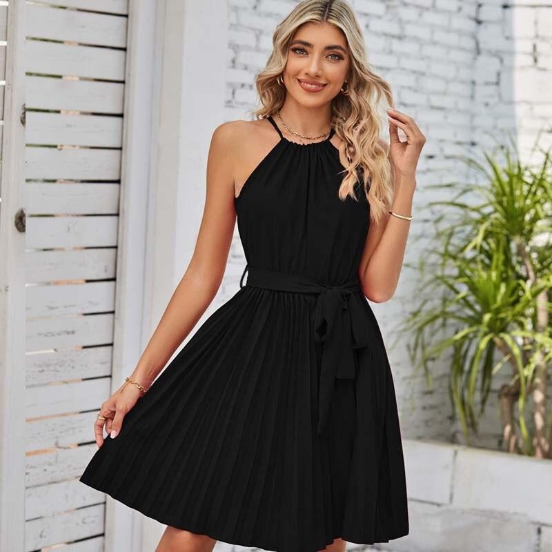 Летнее модное однотонное короткое платье без рукавов с лямкой на шее, женское повседневное плиссированное вечернее платье, летнее сексуальное платье с высокой талией на шнуровке 27832