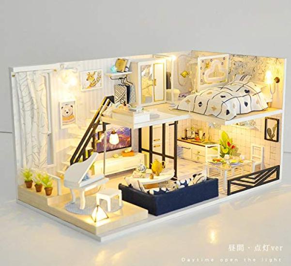 Moin Moin Dollhouse Miniature Handmade Kit Set Modern Model Room Style Interior Stylish Two-storyLED Light + Acrylic Case Includedcastello