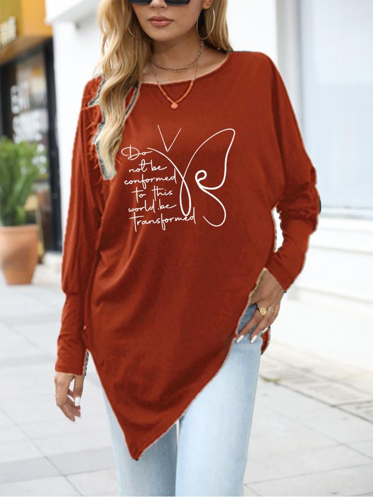 Women's Oversize Long-Sleeve Spring/Fall Asymmetrical Hem T-Shirt