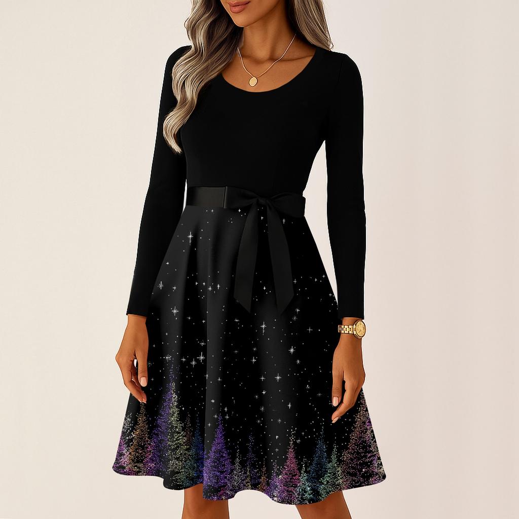 Women's Casual Fashion Round Neck Long Sleeve Christmas Printed Party Vintage Long Dresses