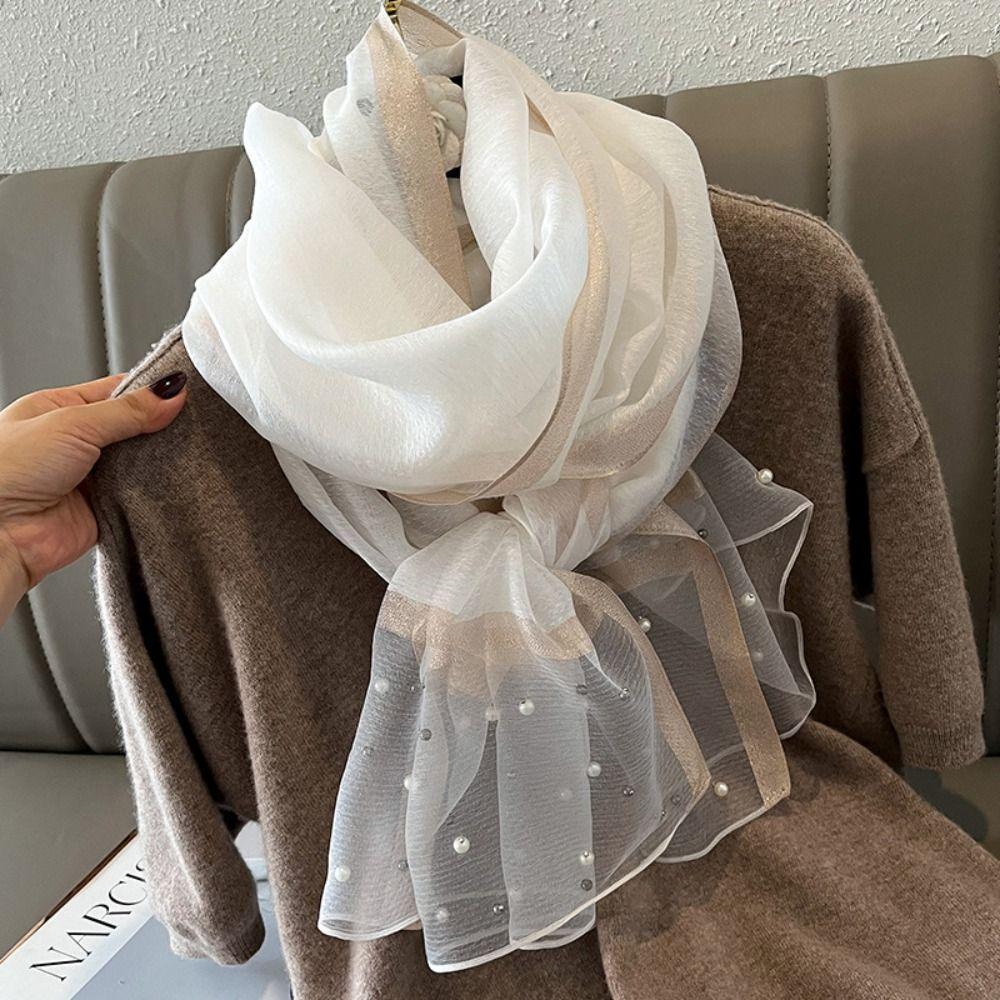 90x90cm Luxury Silk Scarf Pearl Beach Shawl Women Pearl Scarf
