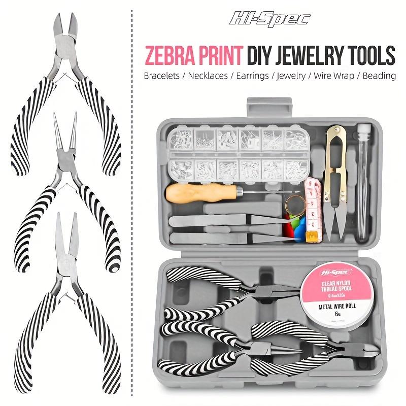 Hi-Spec 17-Piece Jewelry Making Kit, Mini Zebra Print Handle, Carbon Steel, DIY Craft Tools Set for Beading, Wire Wrapping, Bracelet Making