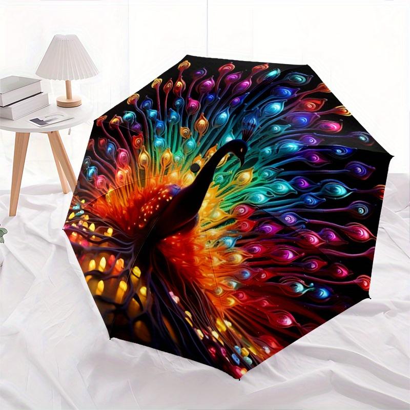 1pc Colorful Feathers Peacock Automatic, Cute Cartoon Pattern, Portable Outdoor Umbrella, Perfect, Holiday Gift for fans.C082