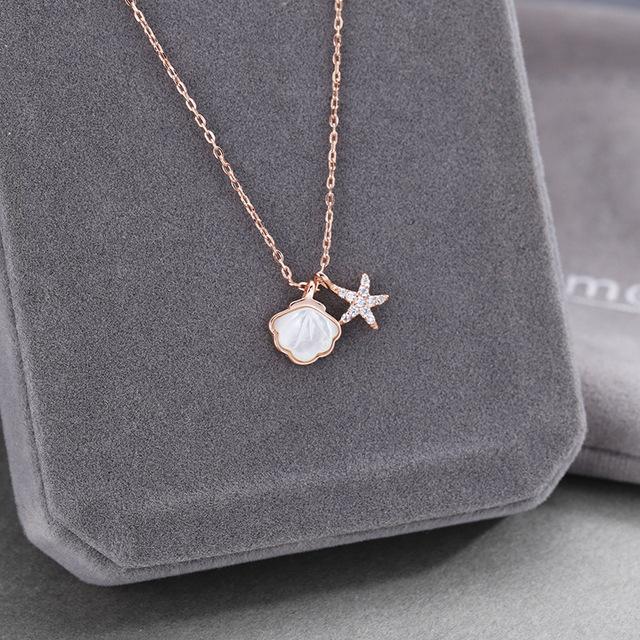 Real 925 Sterling Silver Crystal Shell Starfish Charm Pendant Necklace For Women Wedding Party Jewelry Gift Choker Collar