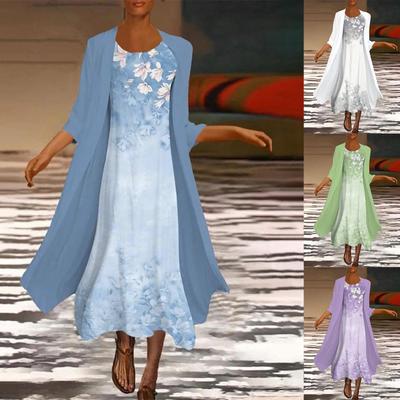 Женское повседневное модное платье с круглым вырезом и принтом средней длины из двух частей