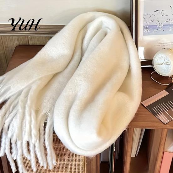 Elegant Solid Color Neck Scarf Thickened Imitation Rabbit Velvet with Tassels for Women, Winter Warm Scarves Women Wrap, Shawl, Soft Warmer