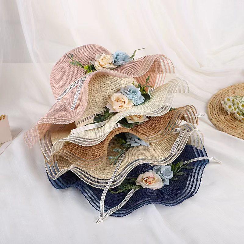 Summer sunshade and sun protection versatile big-brimmed straw hat female imitation flower travel vacation beach sun hat