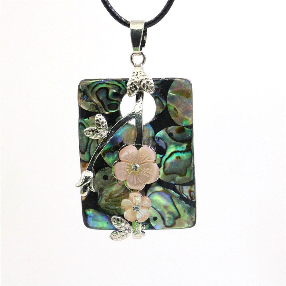 30X40mm Square Flower Leaf Mirage Natural Abalone Sea Pearl Shells Pendants Necklace Alloy Black Rope Chain Women Girls Jewelry