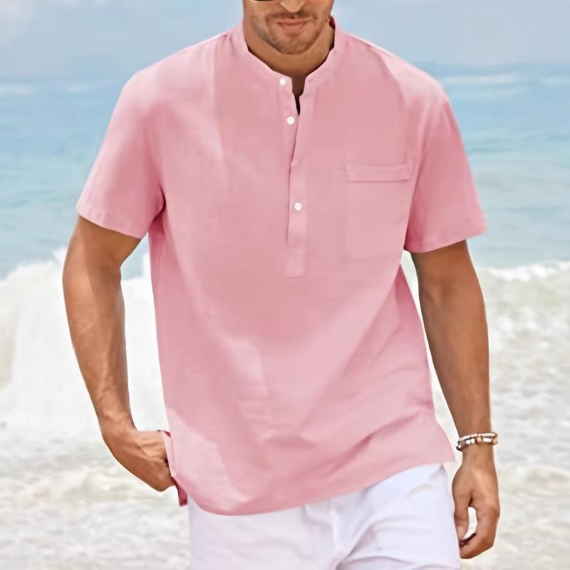 Мужская рубашка-henley из смесовой ткани, однотонная, с воротником-стойкой, короткий рукав, повседневная, для отпуска, с нагрудным карманом, пуловер