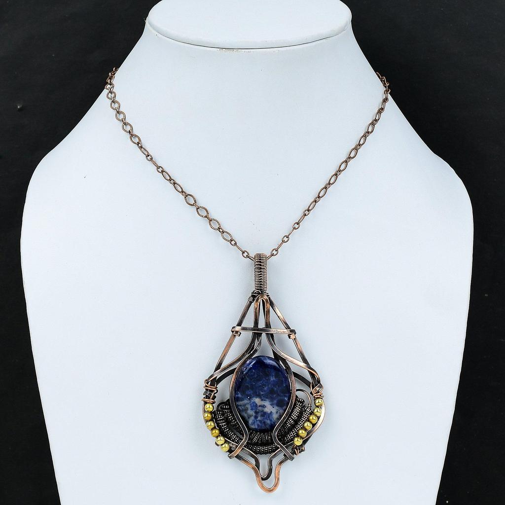 Подвеска из содалита, медная проволочная обертка, содалитовая медная бижутерия, изящная подвеска из драгоценного камня, подарок для нее, проволочная обертка, подвеска ручной работы