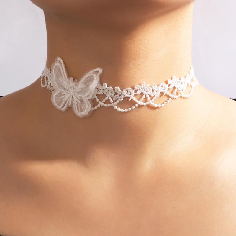 White Simple Elegant Butterfly Weave Lace Choker Necklace Jewelry for Women Girls Vintage Romantic Date Wedding Collarbone Bijoux