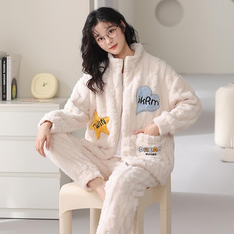 Female Autumn and Winter Coral Velvet Home Clothes Flannel Thickened Winter Plus Velvet Warm Can Be Worn Outside Loose Pajamas Set