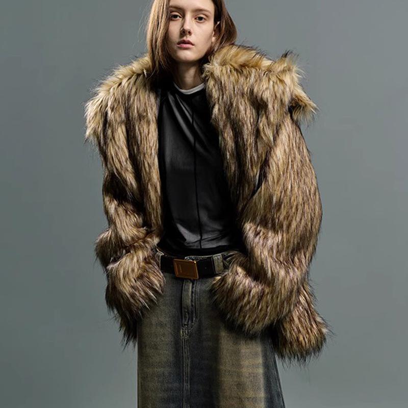 Men's and Women's Universal Large Lapel Eco-friendly Fur Coat Autumn and Winter Imitation Raccoon Fur Thickened Mid Length Coat