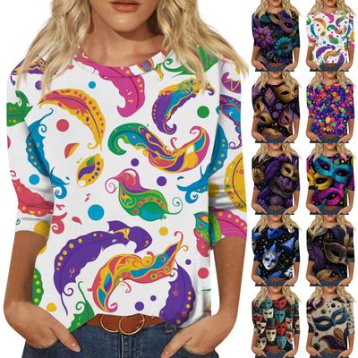 Женский модный повседневный топ с рукавом три четверти и карнавальным принтом на горловине