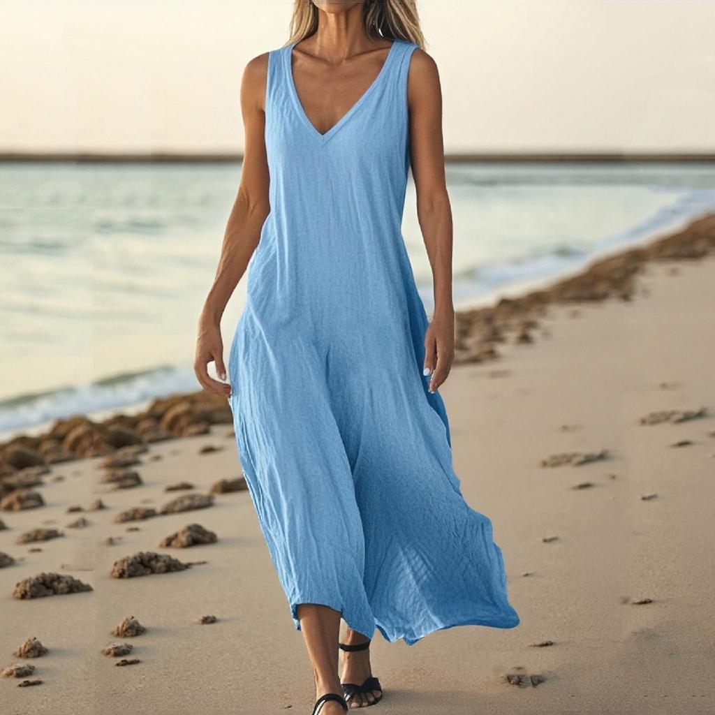 Women Casual Summer Solid Color Tank Sleeveless Dress Hollow Out Loose Beach Dress