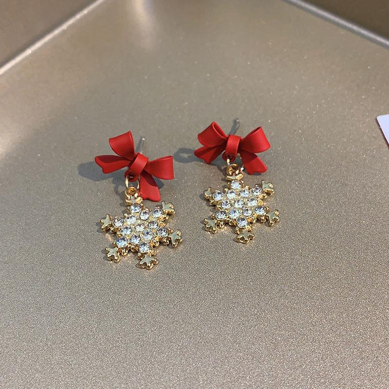 Ins модные красные серьги со снежинками и бантом для женщин, корейские украшения для ушей, рождественские новые золотые серьги-подвески со снегом