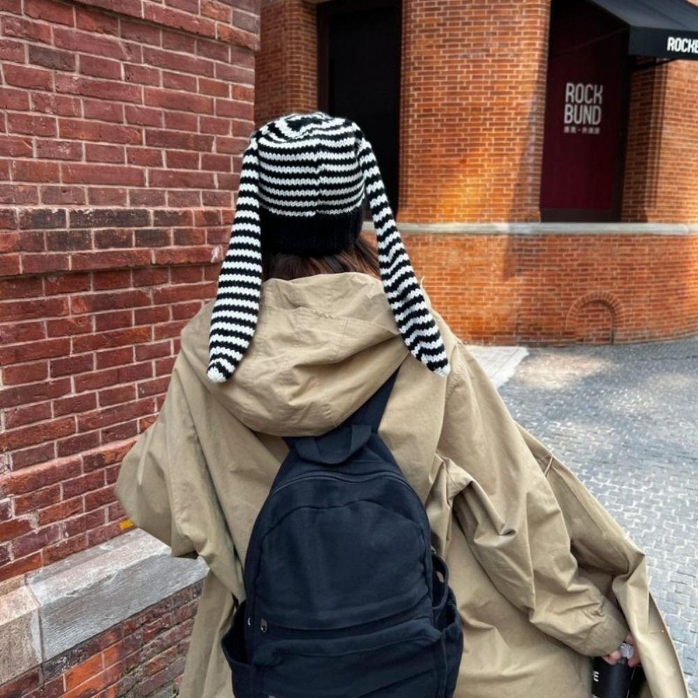 Harajuku Women Beanie Hat Y2K Stripe Skull Cap Casual Rabbit Ears Hat Outdoor