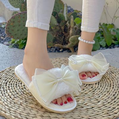 Повседневные тапочки женские плоские на низком каблуке теплые плюшевые туфли для женщин однотонные меховые с бантом-бабочкой жемчужные слипоны зимние шлепанцы большого размера