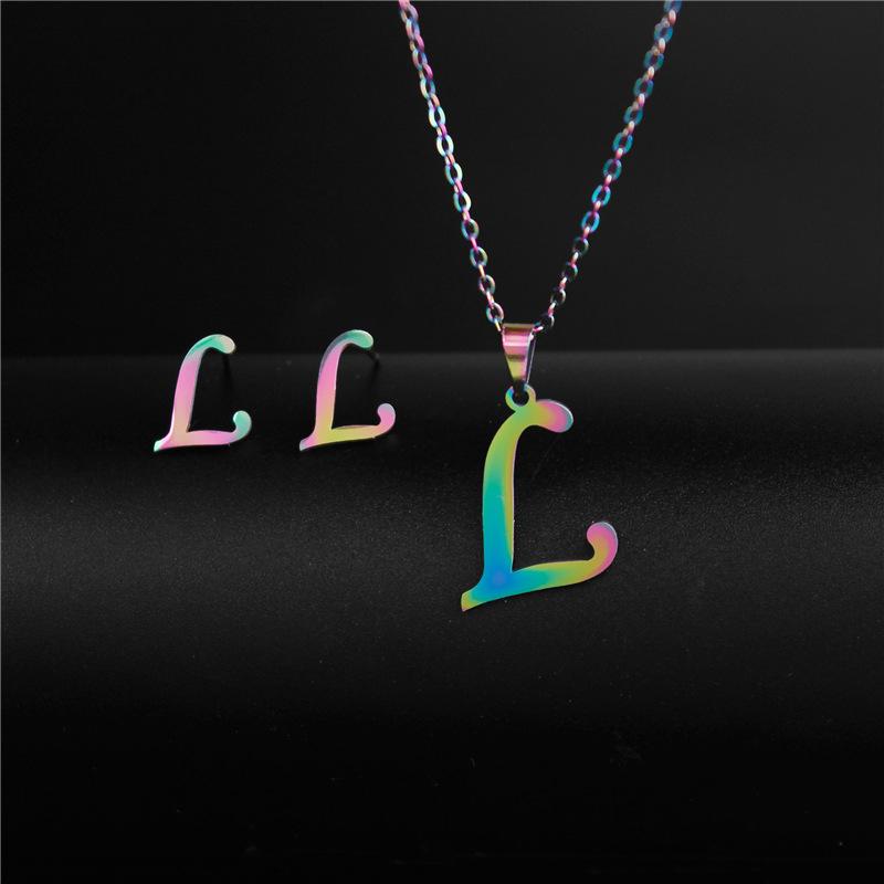 RUI RUI YU 26 Letter Colorful Stainless Steel Jewelry Sets for Women Men Alphabet Initial Chain Pendant Necklace Earrings Kids Gift