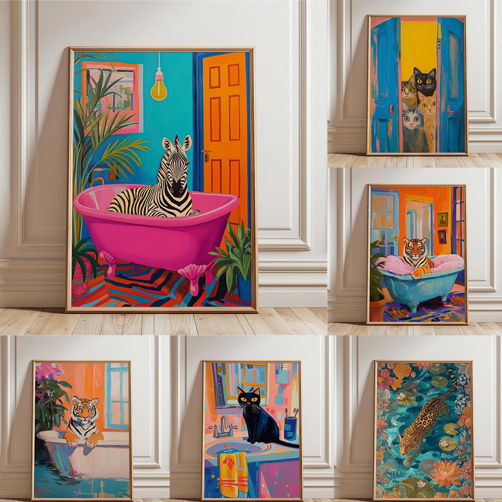 Zebra in Pink Bath Art Print Bathroom Wall Art Poster Funny Cats Bathroom Print Canvas Painting Tiger in Bath Art Toilet Print