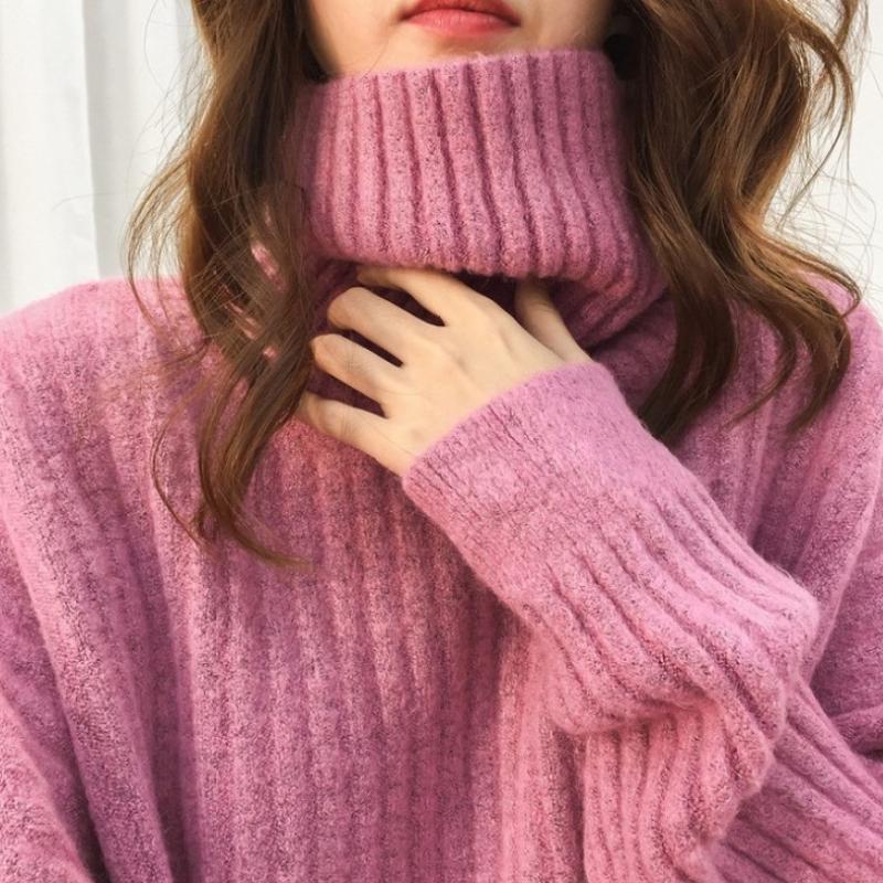 Осень-зима, крупный однотонный пуловер с высоким воротником, свитер, женский новый джемпер, свободные и ленивые повседневные вязаные топы с длинными рукавами