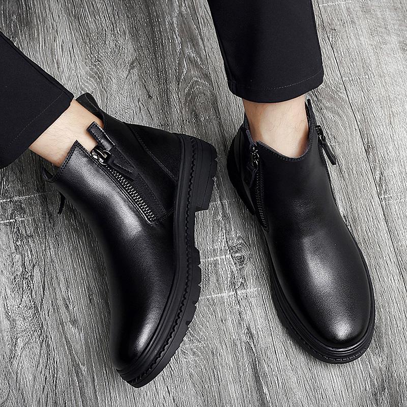 Модные мужские ботинки челси, ботильоны из натуральной кожи, мужские ботинки в британском стиле, боковая молния, мужская обувь, зимняя плюшевая обувь для снега