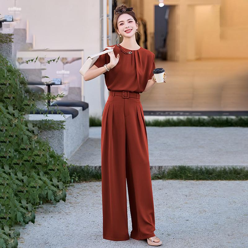 Костюм в стиле «королевская сестра», модный, женский, новый дизайн, рубашка с коротким рукавом, драпированные брюки широкого кроя, комплект из двух предметов, трендовый