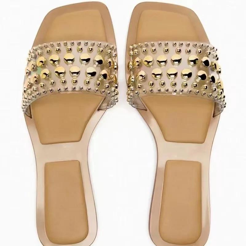 Fashion 2024 Summer Women's Shoes PVC Transparent Riveted Casual Flat Open Toe Beach Slides Trend Brand Design Big Size Ladies Slippers