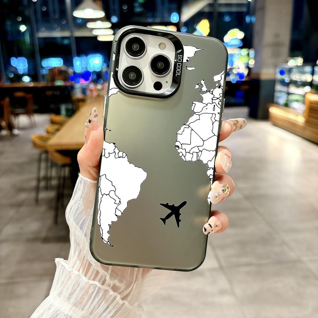 Цветной чехол для телефона для iPhone 17 16E 16 11 15 14 Pro MAX 12 13 MINI 7 8 Plus XR SE Серебристый IMD чехол Мультяшный Пейзаж с картой мира