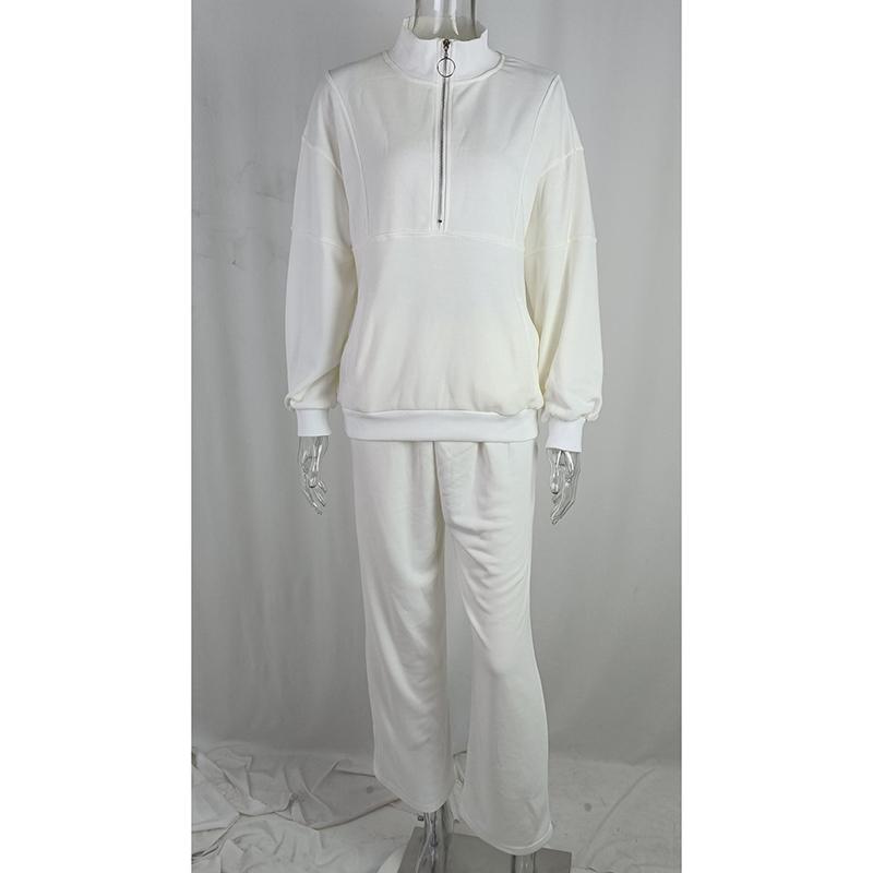 Однотонные свободные комплекты из двух предметов с воротником на половину молнии, женские повседневные одинаковые комплекты, осенне-зимние пуловеры и костюм с широкими брюками