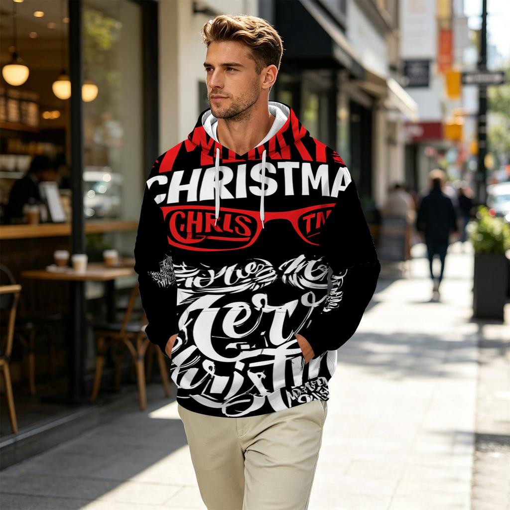 Men's Long Sleeve Christmas Print Pullover Hoodie for Holiday Party and Everyday Wear