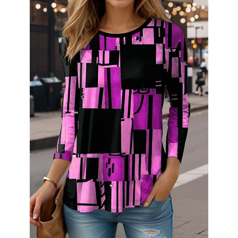 Women's Casual T-shirt 3D Printed Checkered Prints Round Neck Retro Elegant Long Sleeves Women's Fashion Pullover Long Sleeve Tops