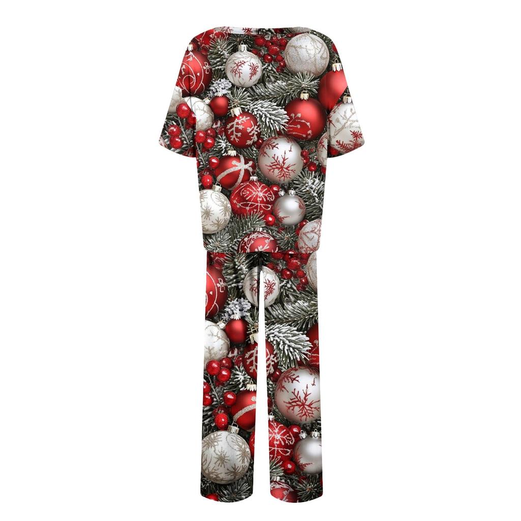 Women's Ice Silk Satin Christmas Print Pajama Set Short Sleeve Shirt And Long Pajama Pants Set Soft Home Clothes