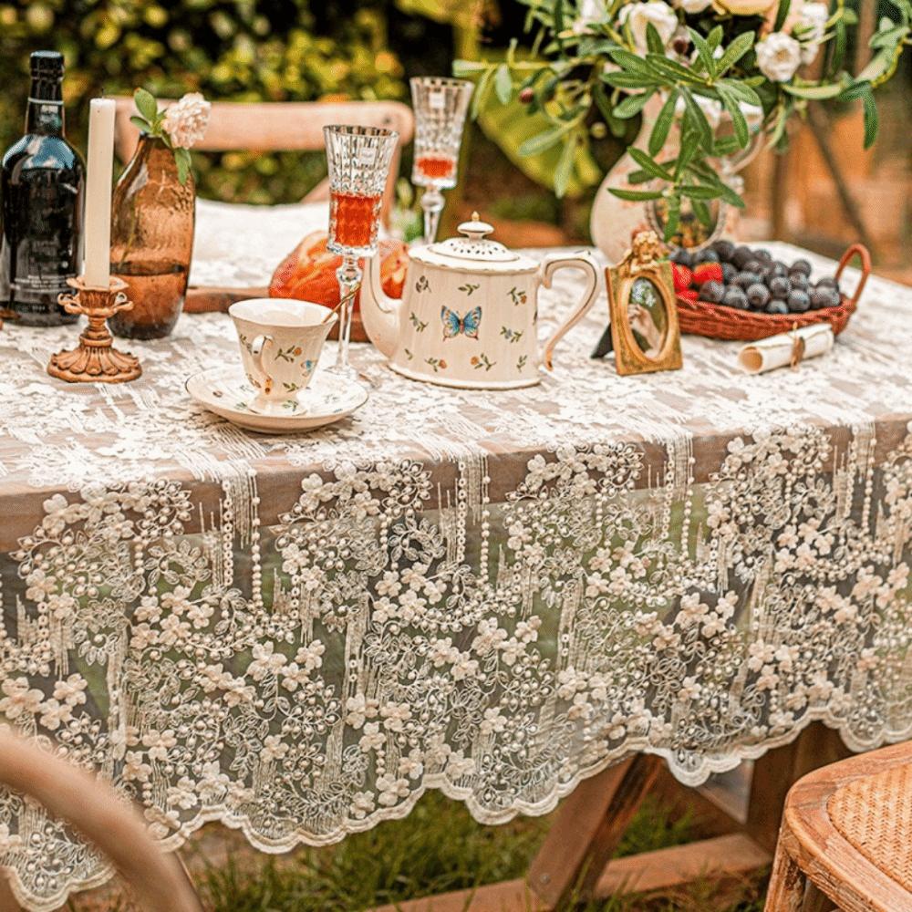 Home Decoration Embroidered French Lace Tablecloth Vintage Organza Table Cover White Table Linen Afternoon Tea