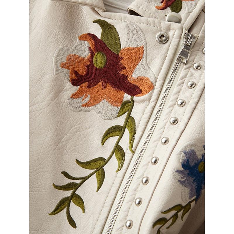 Women's Business Casual Waisted PU Leather Jacket Embroidered Rivets Faux Leather Short Jacket Office Jacket