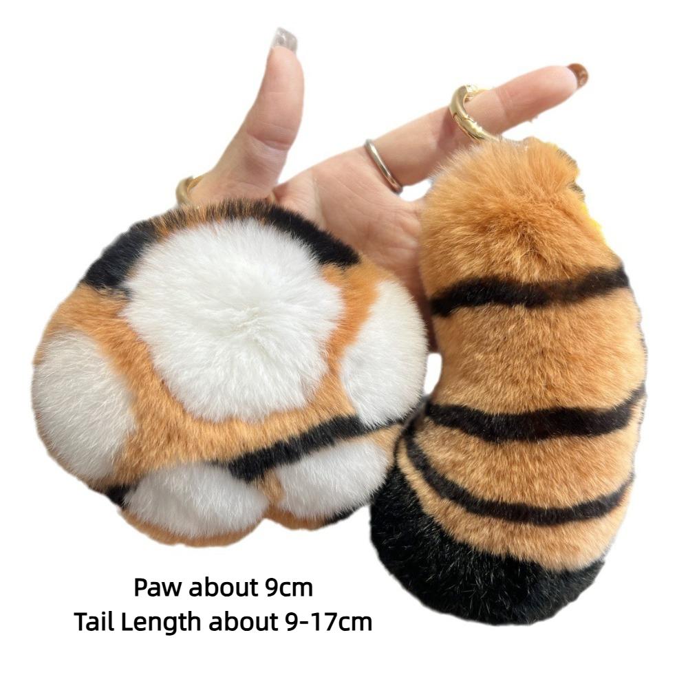 Rabbit Fur Big Cat Paw Keychain Stuffed Animal Tiger Tail Bag Charms Ornmant with Key Ring Fluffy Soft Plush Doll Pendant
