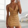 Women Dress V Neck Spaghetti Strap Shiny Sequin Backless Soft Sleeveless Slim Fit Above Knee Length Party Club Mini Dress